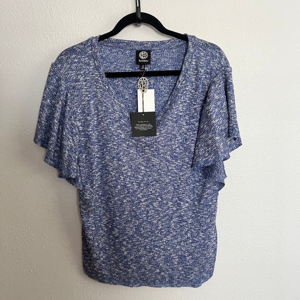New Bobeau Blue Knit Blouse V-Neck Pullover Short Flutter Sleeve Sz S